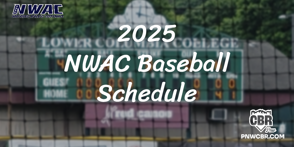 2025 NWAC Baseball Schedule Graphic - Background is David Story Field in Longview, WA. Home of the Lower Columbia College Red Devils.