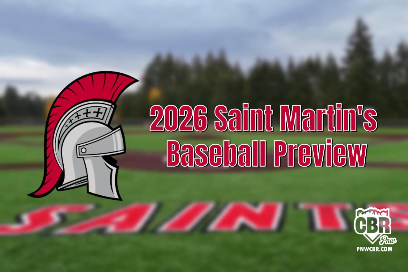 saint martin's baseball preview graphic the SMU Baseball field blurred in background